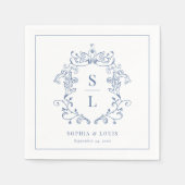 Elegante Barokke Crest Monogram Blauw Huwelijk Servet (Voorkant)
