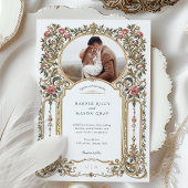 Elegante Barokke Gouden Bloemen Fotobruiloft Kaart