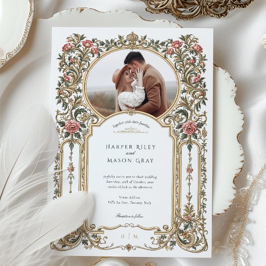 Elegante Barokke Gouden Bloemen Fotobruiloft Kaart