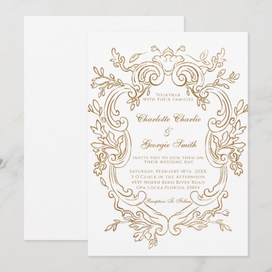 Elegante barokke gouden Lijst bruiloft Kaart (Voorkant / Achterkant)