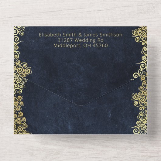 Elegante barokke marine en gouden stijlvolle chiqu all in one uitnodiging (Achterkant)