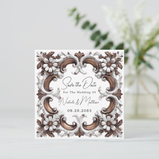 Elegante barokke rococo stijl save the date (Staand voorkant)