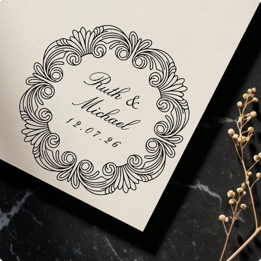Elegante Barokke Scroll Trouwdatum & Namen Zelfinktende Stempel