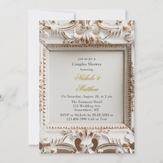 Elegante Barokke Stijl Wit Goud Paar Douche Kaart (Voorkant)