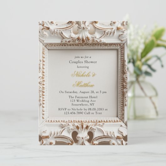 Elegante Barokke Stijl Wit Goud Paar Douche Kaart (Staand voorkant)