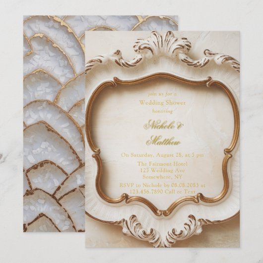 Elegante barokke stijl witte gouden bruiloft kaart (Voorkant / Achterkant)