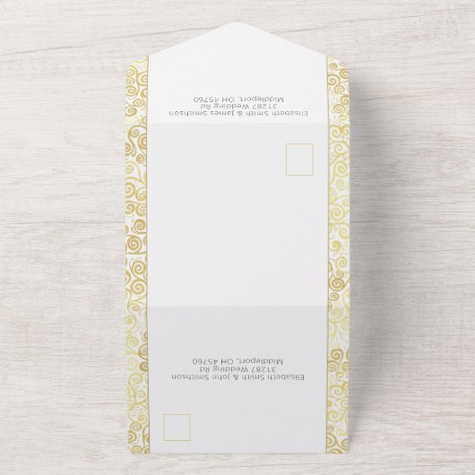 Elegante barokke stijlvolle witte en gouden bruilo all in one uitnodiging (Buitenkant)