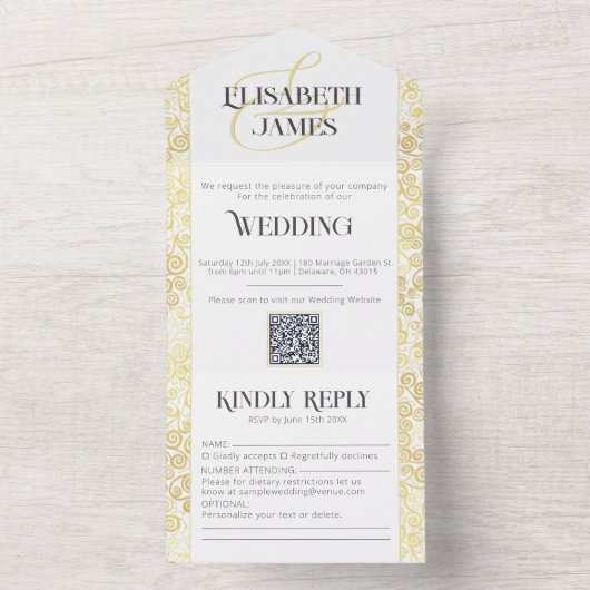 Elegante barokke stijlvolle witte en gouden bruilo all in one uitnodiging (Binnen)