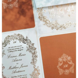 Elegante Barokke Wapen Monogram Huwelijk Folie Uitnodiging