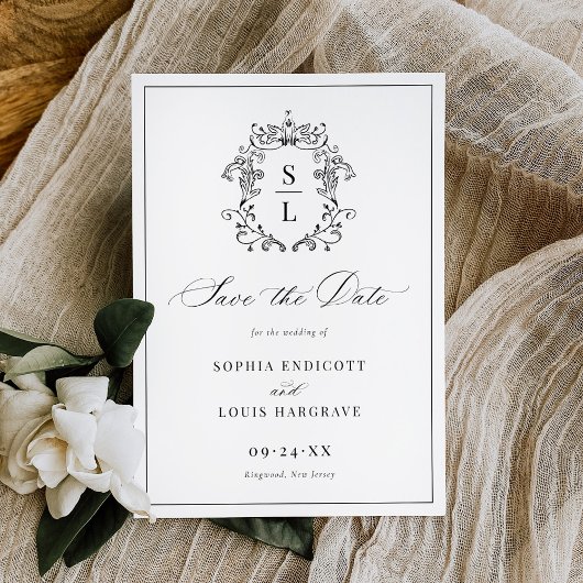 Elegante Barokke Wapen Monogram Huwelijk Save The Date