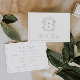 Elegante Barokke Wapen Monogram Trouw in Saliegroe RSVP Kaartje