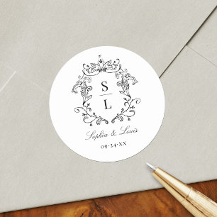 Elegante Barokke Wapenschild Monogram Huwelijk Ronde Sticker