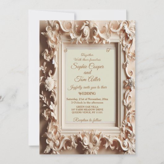 Elegante barokke weelde perzik gouden Lijst bruilo Kaart (Voorkant)