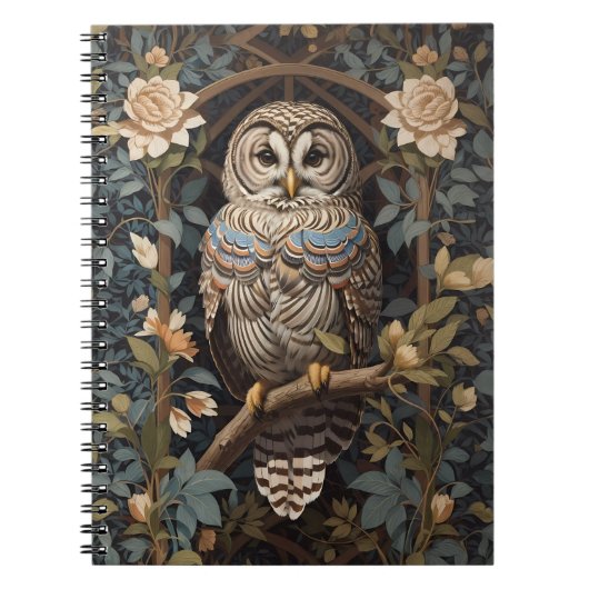 Elegante Barred Owl William Morris Geïnspireerd Notitieboek (Voorkant)