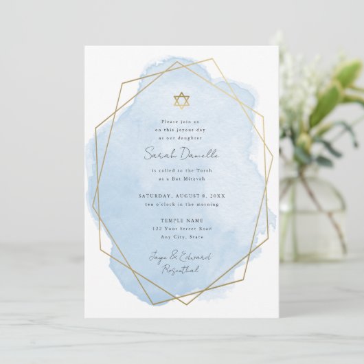 Elegante bat mitswa, blauwe Waterverf, dubbelzijdi Kaart (Staand voorkant)