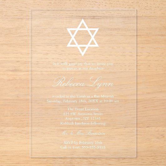 Elegante Bat Mitzvah Acryl Uitnodigingen (Voorkant)