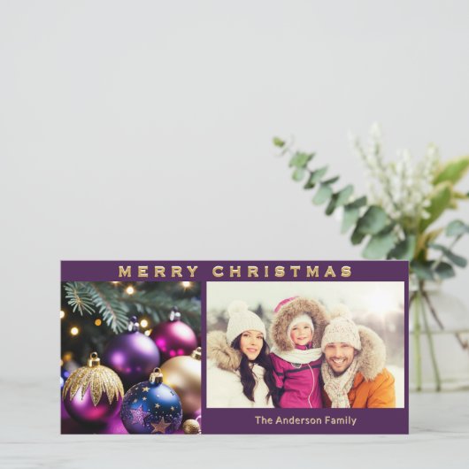 Elegante Bauble Ornamenten Familiefoto Kerst Feestdagenkaart (Staand voorkant)