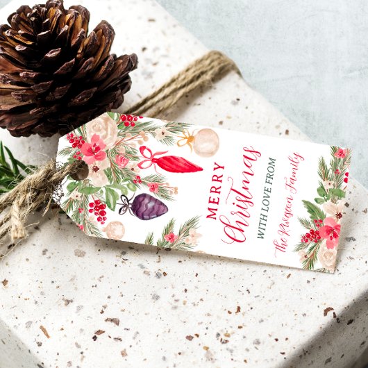 Elegante bauble pine bloemige waterverf kerst cadeaulabel