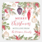 Elegante bauble pine bloemige waterverf kerst vierkante sticker (Voorkant)