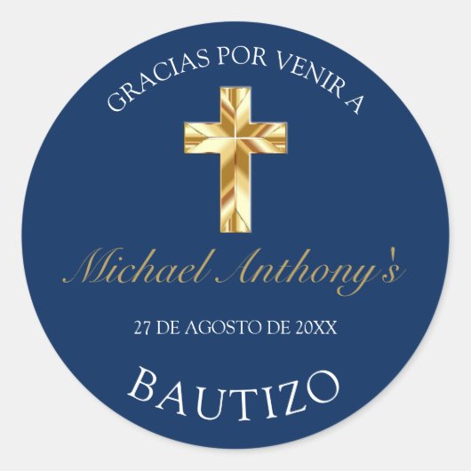 Elegante Bautismo de Bebé Azul Dorado Gracias Ronde Sticker (Voorkant)