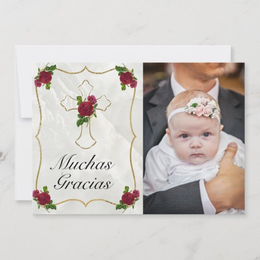 Elegante Bautismo de Bebé de Oro Rosa Rojo Gracias Bedankkaart (Voorkant)
