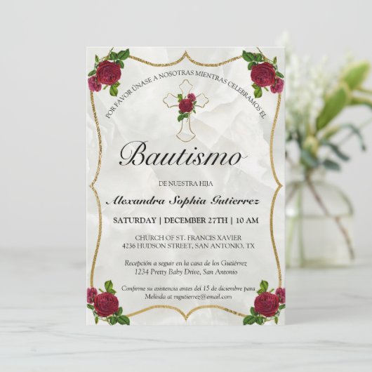 Elegante Bautismo de Bebé de Oro Rosa Rojo Kaart (Staand voorkant)