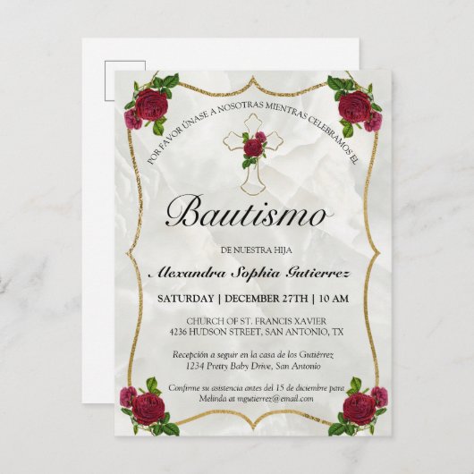 Elegante Bautismo de Bebé de Oro Rosa Rojo Uitnodiging Briefkaart (Voorkant / Achterkant)