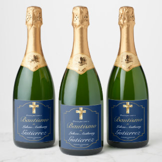 Elegante Bautismo de Niños Con Cruz Dorada Azul Sparkling Wijnetiket