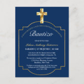 Elegante Bautismo de Niños Con Cruz Dorada Azul Uitnodiging Briefkaart (Voorkant)