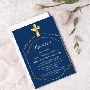 Elegante Bautismo de Niños Con Cruz Dorada Azul Uitnodiging Briefkaart