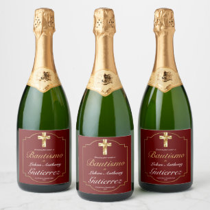 Elegante Bautismo de Niños Con Cruz Dorada Borgoña Sparkling Wijnetiket