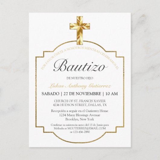 Elegante Bautismo de Niños Con Cruz Dorada Uitnodiging Briefkaart (Voorkant)