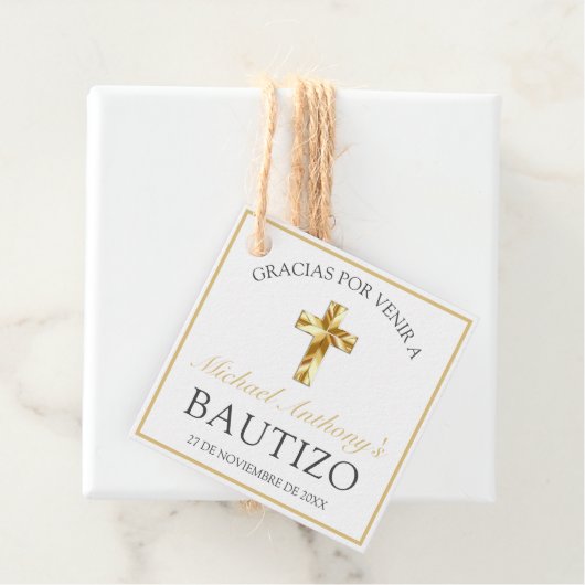 Elegante Bautizo de Bebé Blanco Dorado Bedankjes Labels (In situ)