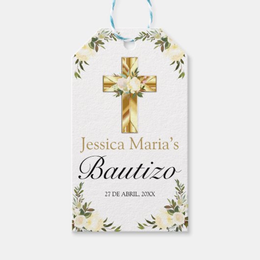 Elegante Bautizo de Bebe Floral Blanco Cadeaulabel (Voorkant)