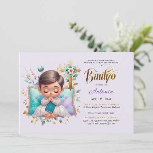 Elegante BAUTIZO Lila Gouden Bloemenkruis Kaart (Staand voorkant)