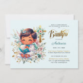 Elegante BAUTIZO Turquoise Gouden Bloemenkruis Kaart (Voorkant)