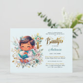 Elegante BAUTIZO Turquoise Gouden Bloemenkruis Kaart (Staand voorkant)