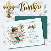 Elegante BAUTIZO Turquoise Gouden Bloemkruis Kaart