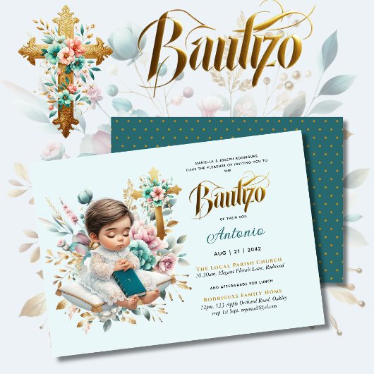 Elegante BAUTIZO Turquoise Gouden Bloemkruis Kaart