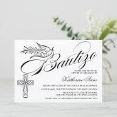 Elegante Bautizo Vintage Script Kruis en Duif Kaart (Staand voorkant)