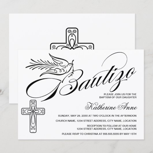 Elegante Bautizo Vintage Script Kruis en Duif Kaart (Voorkant / Achterkant)