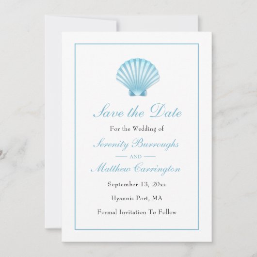 Elegante Beach Blue Shell bruiloft Save the Date Aankondiging (Voorkant)