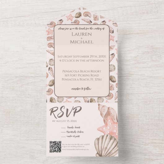 Elegante Beach Seashell Alles in één bruiloft Uitn All In One Uitnodiging (Binnen)