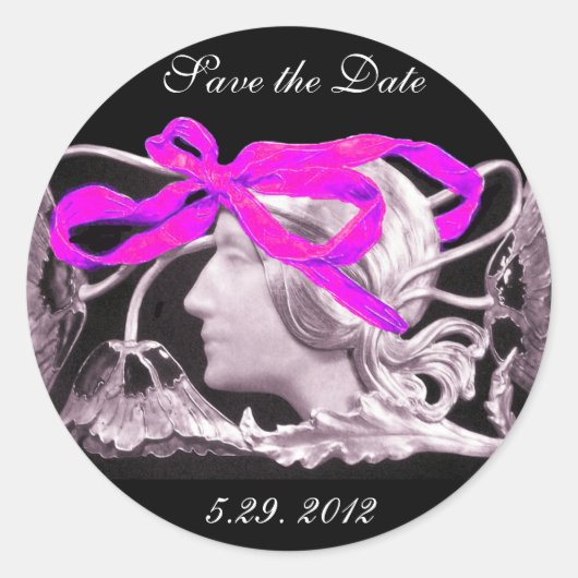 ELEGANTE BEAUTY / LADY MET PINKBOW EN STROMEN RONDE STICKER (Voorkant)