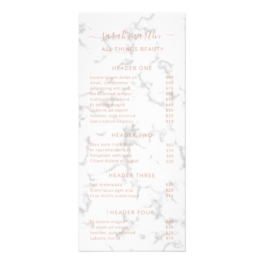 Elegante Beauty Salon Prijslijst Rose Goud Marmer Reclamekaart (Voorkant)