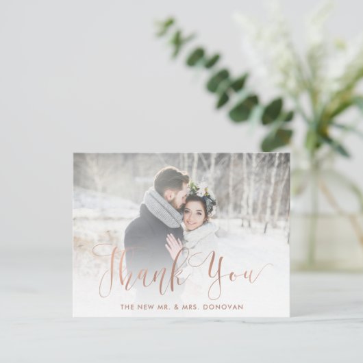 Elegante Bedankt | Faux Roos Gold met trouwfoto Briefkaart (Staand voorkant)