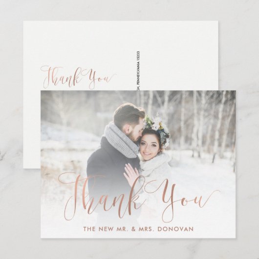 Elegante Bedankt | Faux Roos Gold met trouwfoto Briefkaart (Voorkant / Achterkant)