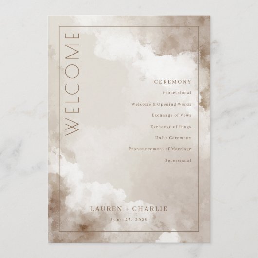 Elegante Beige Aquarel Trouwceremonie Schema Programmakaart (Voorkant)