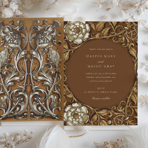 Elegante Beige Art Nouveau Bloemenbruiloft Kaart