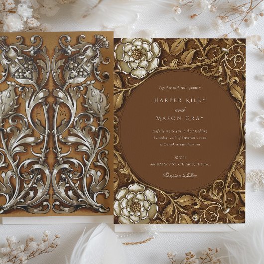 Elegante Beige Art Nouveau Bloemenbruiloft Kaart